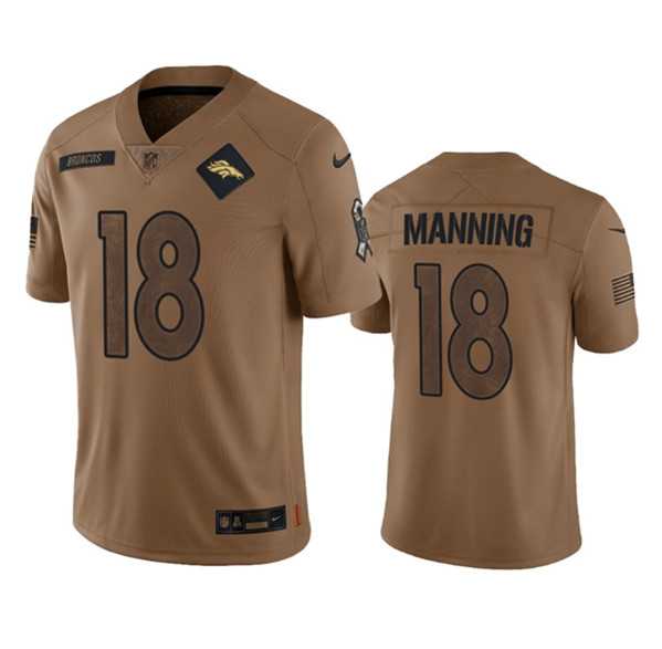 Mens Denver Broncos #18 Peyton Manning 2023 Brown Salute To Service Limited Football Stitched Jersey Dyin->denver broncos->NFL Jersey